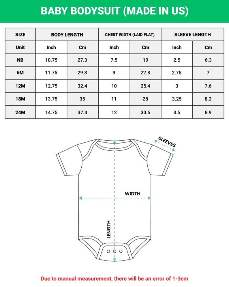 Peut inclure: Un tableau des tailles pour un body de b&eacute;b&eacute; intitul&eacute; BABY BODYSUIT (MADE IN US) avec des mesures de longueur, largeur de poitrine et longueur de manche en pouces et cm pour les tailles NB &agrave; 24M, et un sch&eacute;ma du body avec des indicateurs.