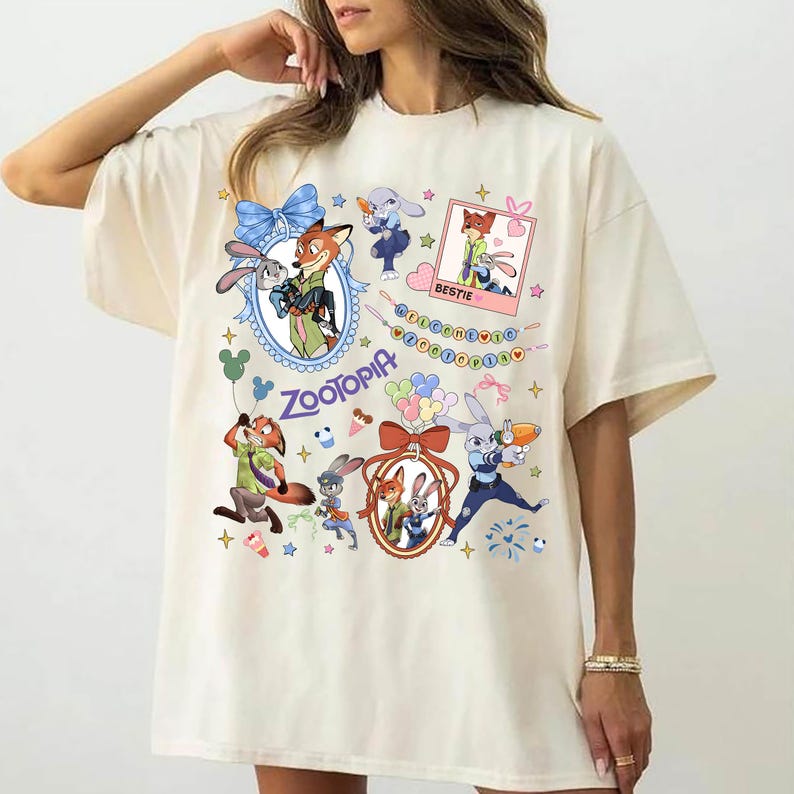 Disney Coquette Bow Watercolor Zootopia Shirt, Judy Hopps Shirt, Nick Wilde Shirt, Retro Zootropolis Disney Tee image 5