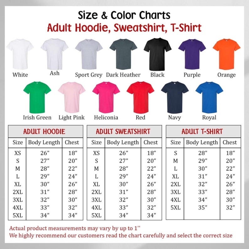 May include: A size and color chart for adult hoodies, sweatshirts, and t-shirts. The chart displays various colors, including white, black, and purple, with corresponding size measurements for each garment. Measurements are in inches.