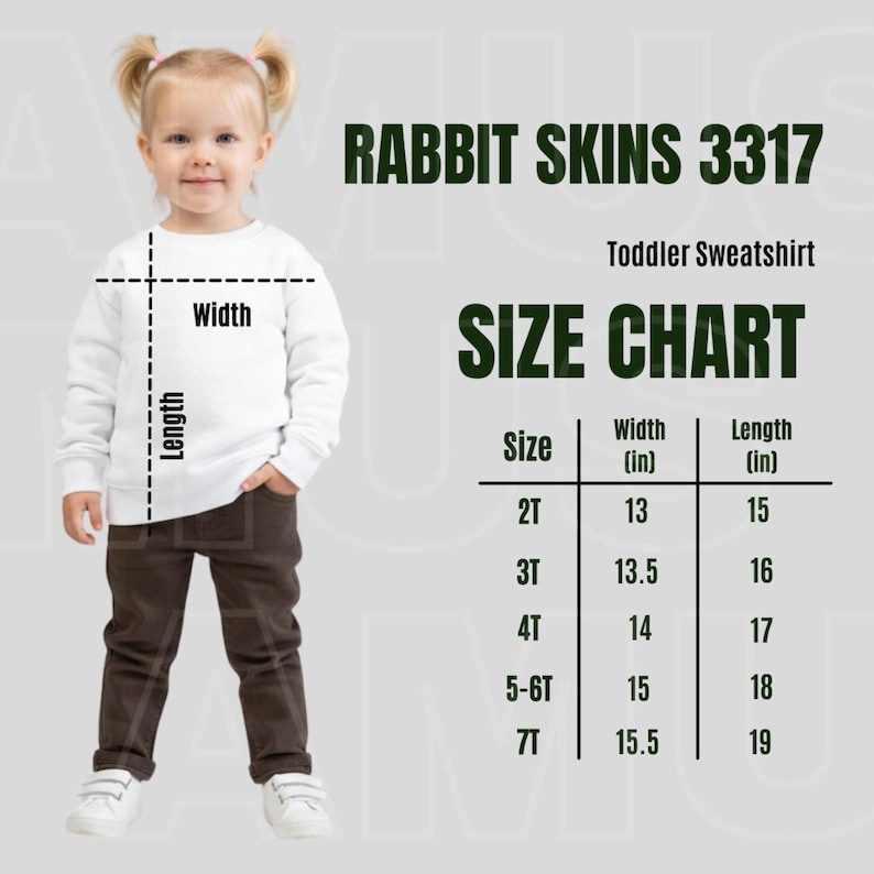 Peut inclure: Un tableau des tailles pour sweat-shirt pour tout-petit Rabbit Skins 3317 montrant un sweat-shirt blanc &agrave; manches longues sur un enfant. Le tableau liste les tailles 2T &agrave; 7T avec les mesures de largeur et de longueur en pouces, de 13 &agrave; 15,5.