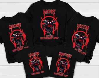 Camiseta personalizada de aniversário "Aranha e Seus Amigos Incríveis", camiseta de aniversário "Aranha Girando", camiseta personalizada para aniversário em família com personagens diferentes.