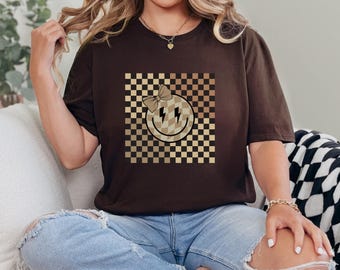 Smiley Face Shirt,Checkered Shirt,Retro Shirt Women,Trendy Vintage Shirt,Gift for Her,Good Vibes Shirt,Cute Smile Shirt,Think Positive Shirt