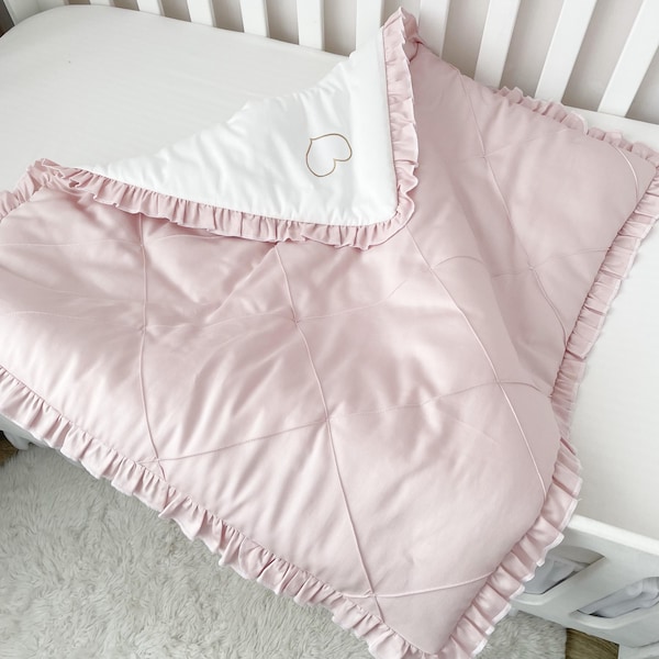 Personalized Satin Ruffle Baby Blanket – Newborn Gift, Cotton Swaddle
