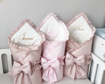 Personalized Satin Ruffle Baby Blanket – Newborn Gift, Cotton Swaddle