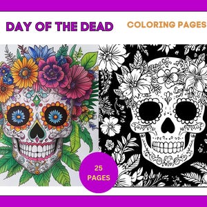Página para colorear del Día de Muertos, Páginas para colorear con temática del Día de Los Mueritos, Calavera, Páginas para colorear de diseño de Halloween, Libro para colorear para adultos, Impresión digital
