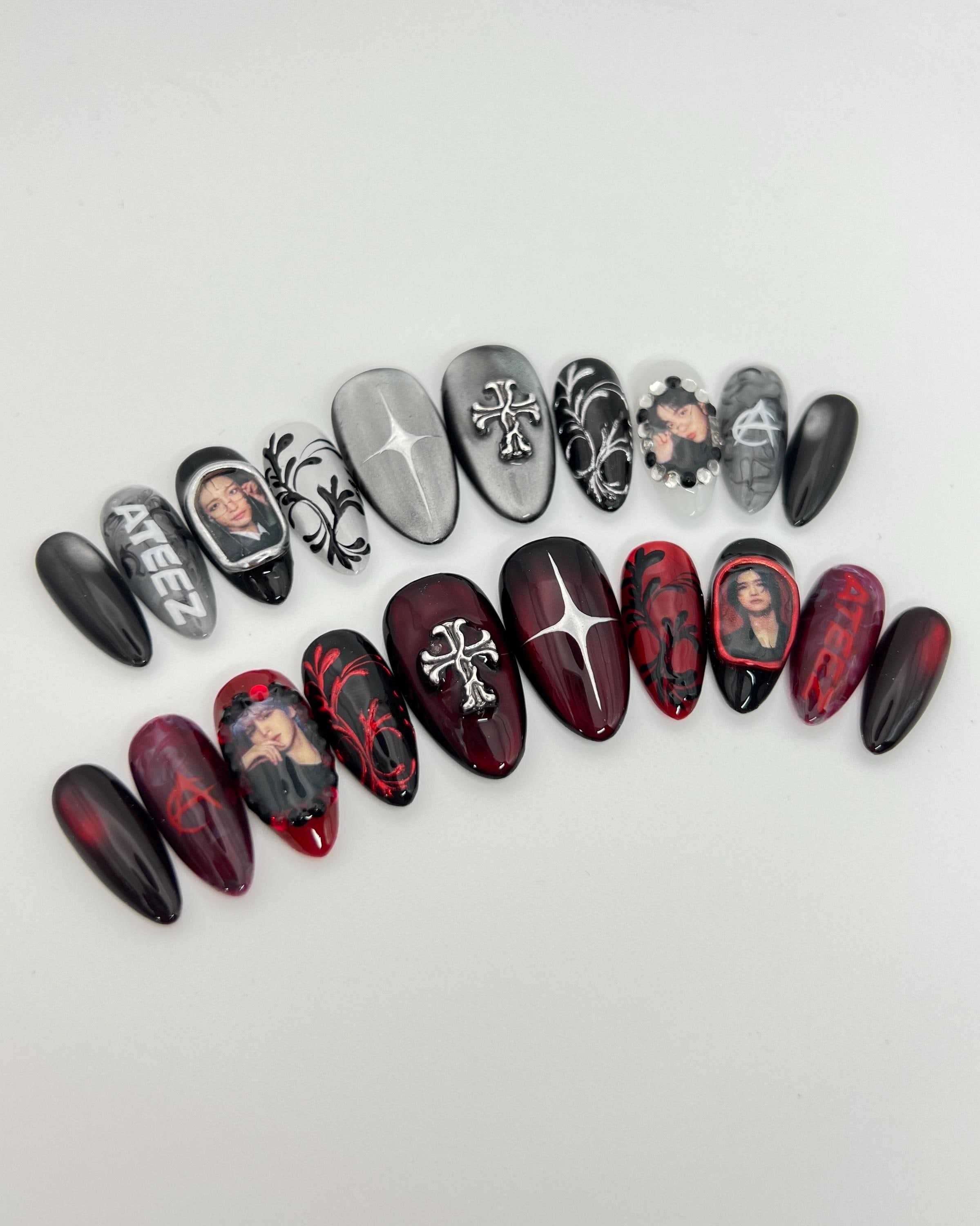 KPOP ATEEZ Press-on Nails:  In Your Fantasy, Red Black Silver Fake Nails