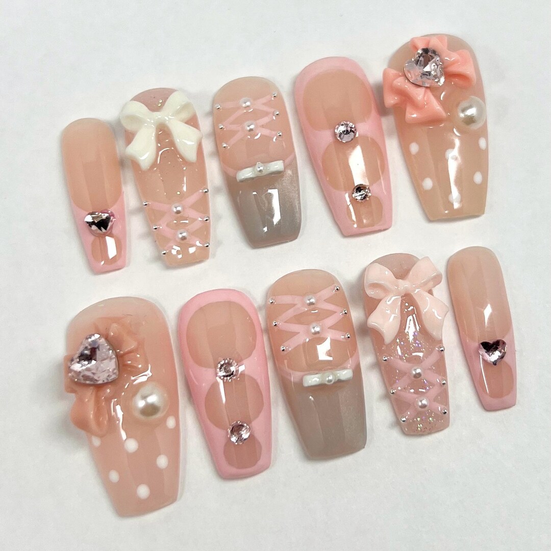 Balletcore Pink Ribbon Bow Press on Nails: Y2K Luxury Nails - Etsy