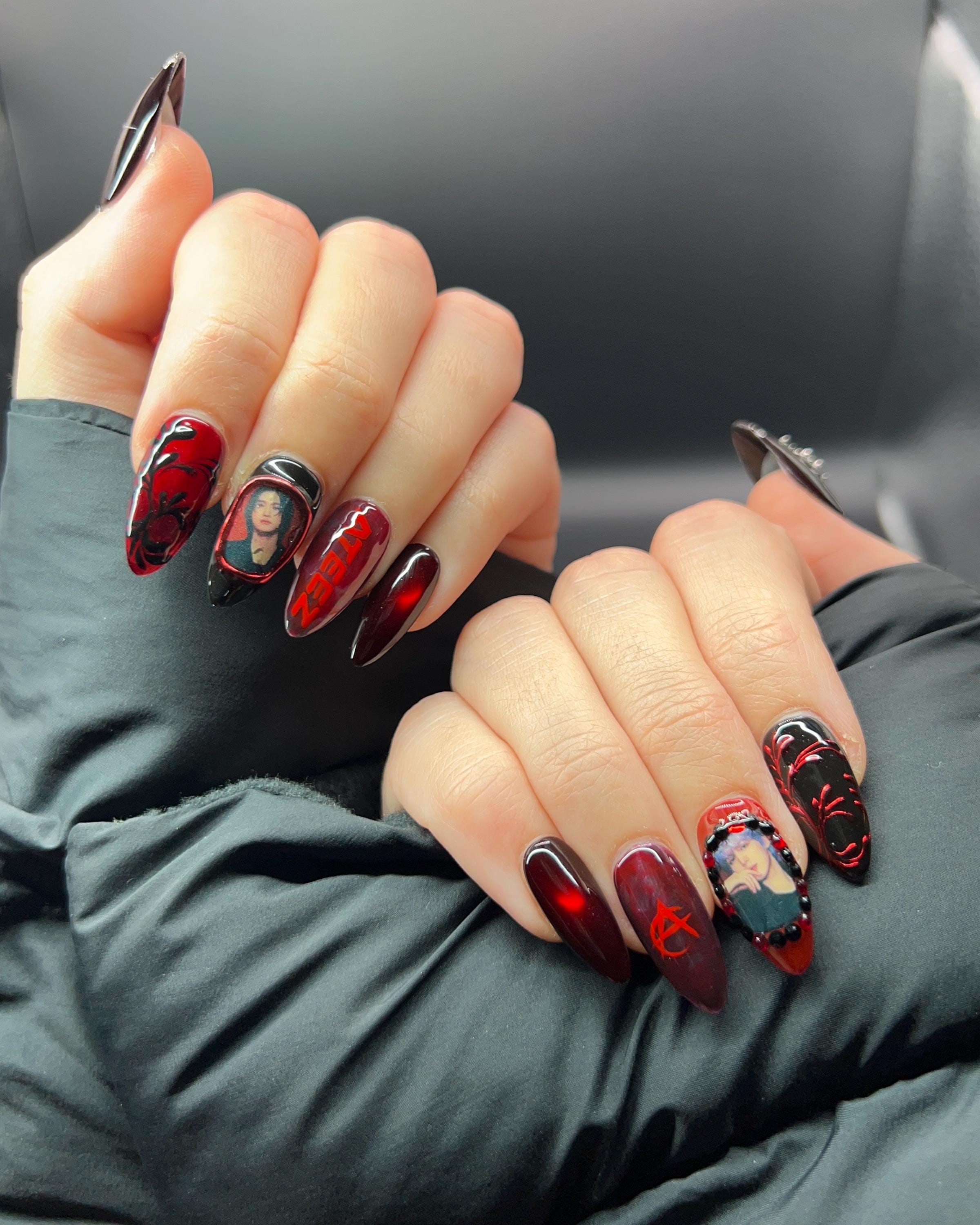 Fantasy Inspired Press-on Nails: Red, Black & Silver, Fanmade - Etsy