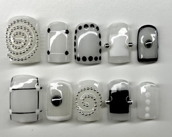 Geometric Press On Nails: Black, White, Silver Accents