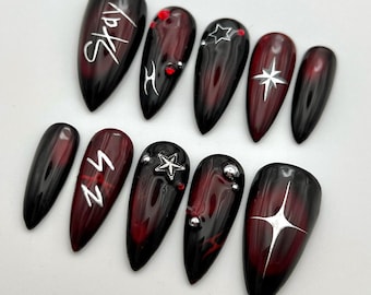 KPOP Stray Kids Red Cat Eye Press On Nails: Velvet Jelly Fake Nails