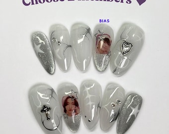 KPOP ATEEZ Press On Nails: Milky White Jelly, Silver Accents