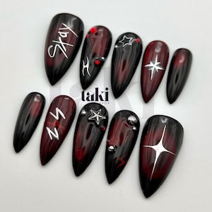Red Cat Eye Press-On Nails: Velvet Jelly Fake Nails, Fanmade, skz inspired