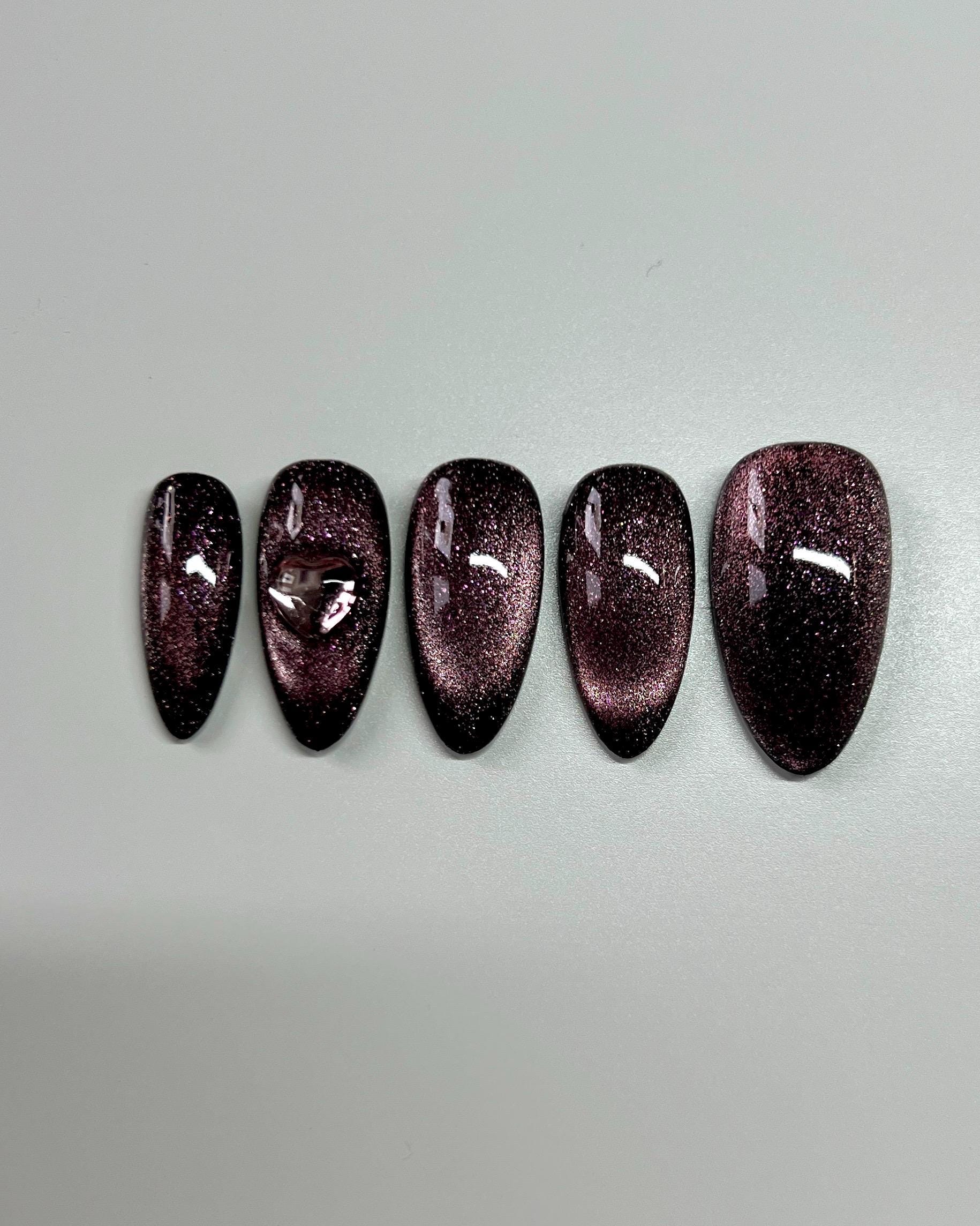 Black Pink Jelly Cat Eye Press-on Nails Crystal Heart - Etsy
