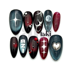 Vampire, Moon Dark Red and Blue Press-On Nails: Cat Eye Jelly, Fanmade