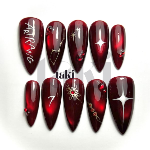 Deep Red Cat Eye and White Stars ARMY inspired Press-On Nails: Fanmade