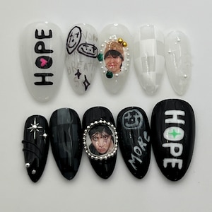 Hope Inspired Press-On Nails: Milky White and Black, Fanmade