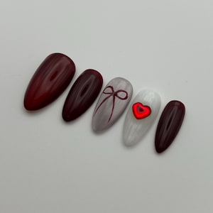 Cute Red Burgundy Silver with Ribbon Jelly Cat Eye Heart Crystal Press on Nails | Fake Nails