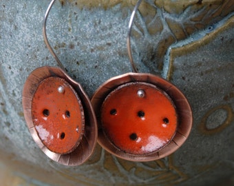 Copper and Enamel Earrings,  Handmade Jewelry, valentine gift idea