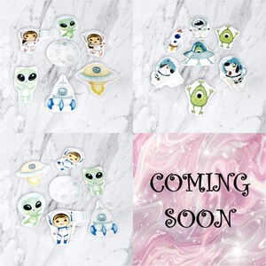 May include: A set of colorful space-themed stickers featuring astronauts, aliens, rockets, and planets. The stickers are perfect for adding a fun and whimsical touch to any project.