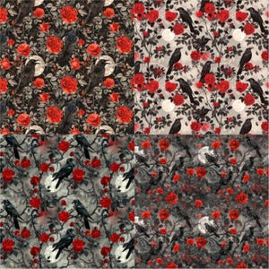 May include: Four seamless patterns featuring black crows perched on branches with red roses and a crescent moon on a gray background.