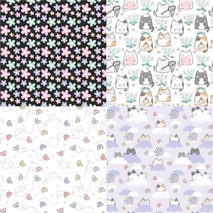 May include: Four patterned designs. Top left: black background with pastel flowers. Top right: cartoon cats with nets and hearts. Bottom left: white background with butterflies. Bottom right: cats in clouds.