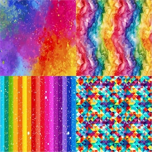 May include: Four different rainbow-colored patterns. The top left pattern is a watercolor-style rainbow with white speckles. The top right pattern is a watercolor-style rainbow with a marbled effect. The bottom left pattern is a rainbow with white speckles on a striped background. The bottom right pattern is a geometric rainbow pattern with triangles.