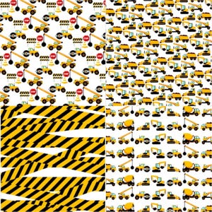 May include: A repeating pattern of yellow construction vehicles, including cranes, dump trucks, and excavators, on a white background. The design also features stop signs, traffic cones, and black and yellow hazard stripes.
