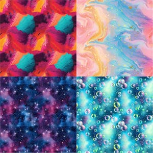 May include: A digital collage of four different patterns. The top left pattern is a vibrant abstract design with orange, pink, and teal colors. The top right pattern is a swirling abstract design with pink, blue, and gold colors. The bottom left pattern is a dark blue and purple galaxy design with white stars. The bottom right pattern is a blue and green design with white bubbles.