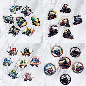 May include: A set of 20 colorful iron-on patches featuring cartoon airplanes, rockets, and trains. The patches are perfect for adding a fun and whimsical touch to clothing, bags, and other accessories.