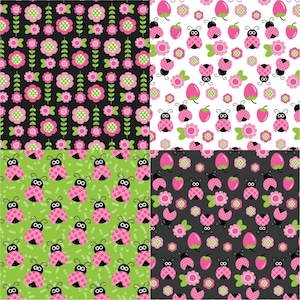 May include: Four seamless patterns featuring pink and black ladybugs, pink flowers, green leaves, and pink strawberries on a black, white, and green background.