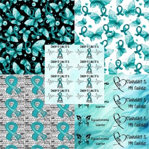 May include: A collage of patterned fabric squares featuring teal butterflies, ribbons, and text. The text includes phrases like "Drop it like it's POTS" and "Standing is my cardio". The designs are on black, white, and light blue backgrounds.
