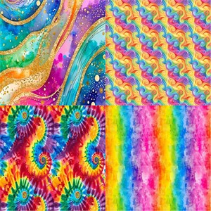 May include: A digital collage of four different rainbow-themed patterns. The top left pattern features a watercolor background with gold glitter and swirls. The top right pattern is a repeating pattern of rainbow swirls. The bottom left pattern is a tie-dye pattern with swirls of red, orange, yellow, green, blue, and purple. The bottom right pattern is a watercolor background with horizontal stripes of rainbow colors.