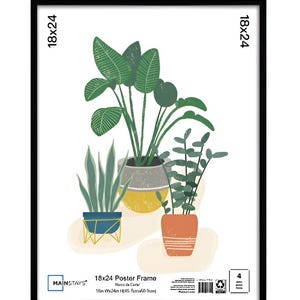 May include: Black framed 18x24 inch poster featuring a botanical illustration of potted plants. The artwork includes a variety of green plants in pots of different colors and styles, set against a white background. The frame is black and the poster is labeled "18x24 Poster Frame".