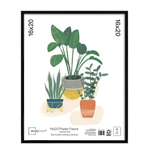 May include: A black 16x20 poster frame featuring a botanical illustration of potted plants with green leaves and colorful pots. The frame has the text "16x20 Poster Frame" and the brand name "Mainstays".