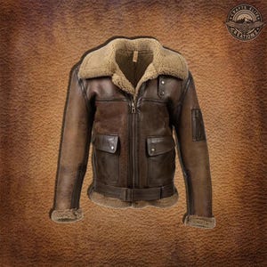 Handmade Men&#39;s Genuine Leather RAF Collar Aviator Bomber B3 Real Leather Jacket Brown Leather Coat Sheep Skin Pilot Flying Jacket