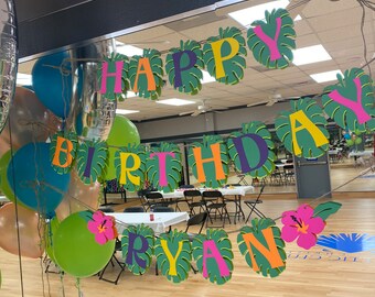 Happy Birthday/Party Decorations/Banner/Birthday Banner/Luau/Hawaiian/Tropical/Leaves