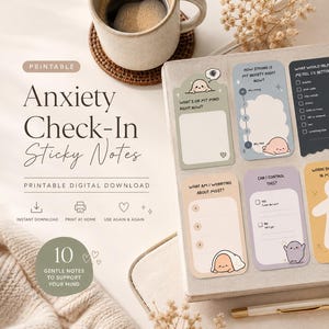 May include: A set of ten rectangular printable sticky notes featuring pastel colors and cartoon characters. Each note includes prompts for anxiety check-ins, such as "What's on my mind right now?", "Can I control this?", and "What do I need right now?" with checkboxes and blank spaces.