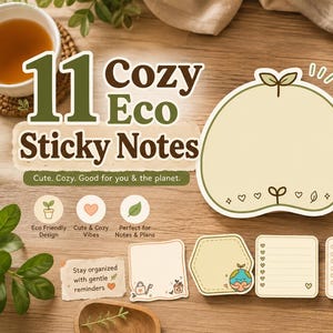 11 przytulnych, ekologicznych karteczek samoprzylepnych | Naklejki do planera, GoodNotes PNG PDF do pobrania