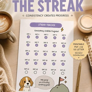 Op de afbeelding: Een printbaar streak-trackerblad met de tekst DON'T BREAK THE STREAK en CONSISTENCY CREATES PROGRESS. Het bevat een raster van 25 cirkels, een cartoonhond, een heuvel met een vlag en de tekst keep going! you're building something great!