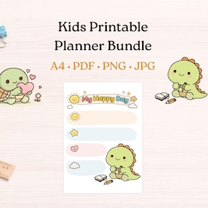 Op de afbeelding: Een Kids Printable Planner Bundle met briefpapier. De afbeelding toont een gele etui, potloden, een schaar, plakband en een liniaal. De planner heeft een "My Happy Day"-ontwerp met cartoonfiguren en is beschikbaar in A4, PDF, PNG en JPG-formaten.