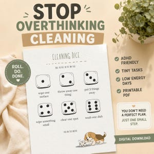 Op de afbeelding: Een wit printbaar blad getiteld Cleaning Dice met zes dobbelsteenillustraties met bijbehorende taken zoals één oppervlak afvegen, één ding weggooien, 3 dingen opruimen, iets kleins afvegen, één plek opruimen en één afwas doen met een puppy.