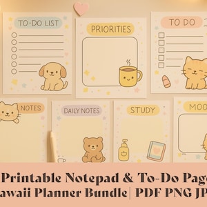 May include: A bundle of eight printable notepads and to-do pages. Each page features a pastel color scheme with cute Kawaii-style illustrations of animals and objects. The pages include sections for to-do lists, notes, and daily planning.