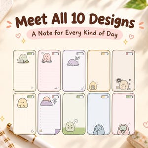 All ten original hand-drawn energy note designs arranged in a neat collection overview beneath the headline Meet All 10 Designs.