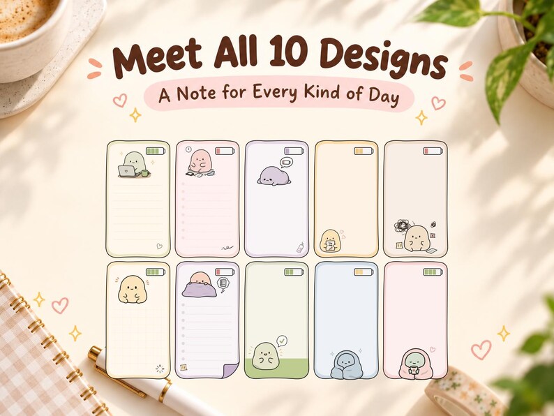 All ten original hand-drawn energy note designs arranged in a neat collection overview beneath the headline Meet All 10 Designs.