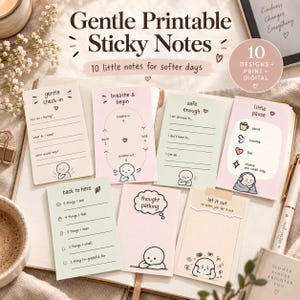 Puede incluir: Una colección de notas adhesivas imprimibles en colores pastel suaves con ilustraciones de líneas minimalistas. Cada nota incluye indicaciones para la atención plena y el autocuidado, con textos en inglés como gentle check-in, breathe and begin, safe enough, little pause, back to here, thought parking y let it out.