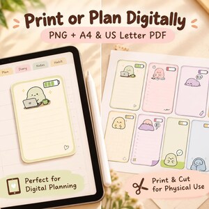 Split view of an original energy note used in a digital planner and printed notes cut from a paper sheet, with PNG and PDF formats identified.