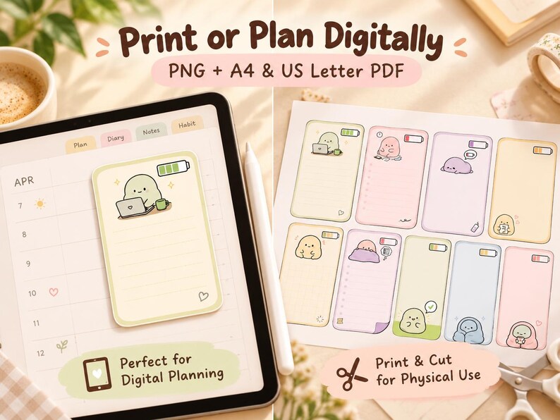 Split view of an original energy note used in a digital planner and printed notes cut from a paper sheet, with PNG and PDF formats identified.