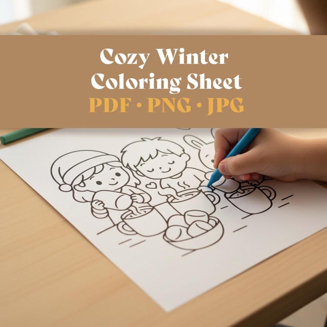 Cozy Winter Coloring Pages for Kids Family & Animals, Printable PDF PNG ...