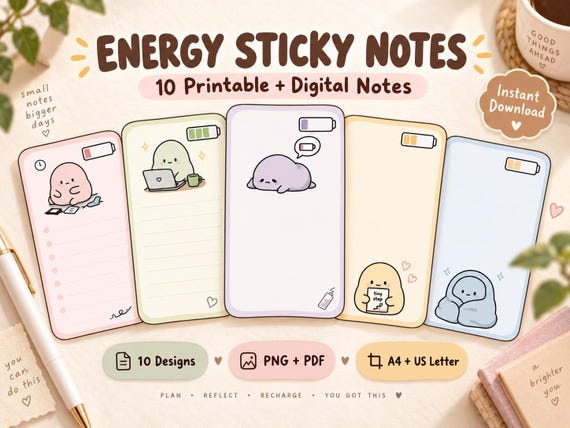 Printable Sticky Notes, ADHD Energy Planner Notes, 10 Digital & Printable Designs
