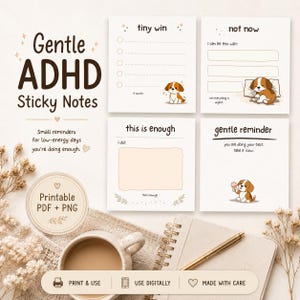 Gentle ADHD Sticky Notes – Tiny Win, Self Care Reminders (Printable PDF + PNG)